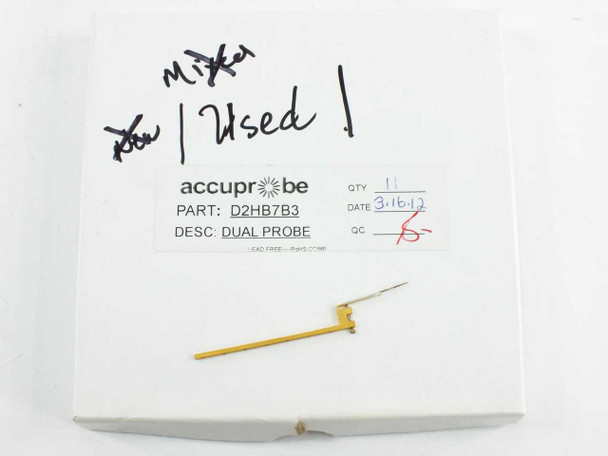 Accuprobe D2HB7B3 Dual Probe shown on its original packaging box with part label, date 3/16/12, QC mark, and handwritten Used notation