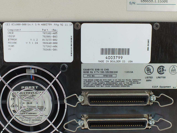 Exabyte EXB-10 rear panel close-up – EXABYTE EXB-10 CHS label, dual 50-pin SCSI connectors, IEC power connector, UL/CSA markings, CEI 851000-000 unit S/N 4003799