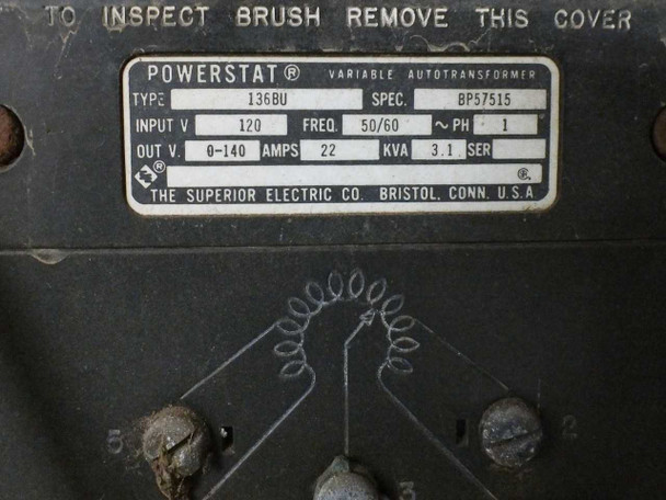 Interior component close-up — Superior Electric Powerstat Type 136BU variable autotransformer label visible, rated 120V input, 0-140V output, 22A, 3.1 KVA