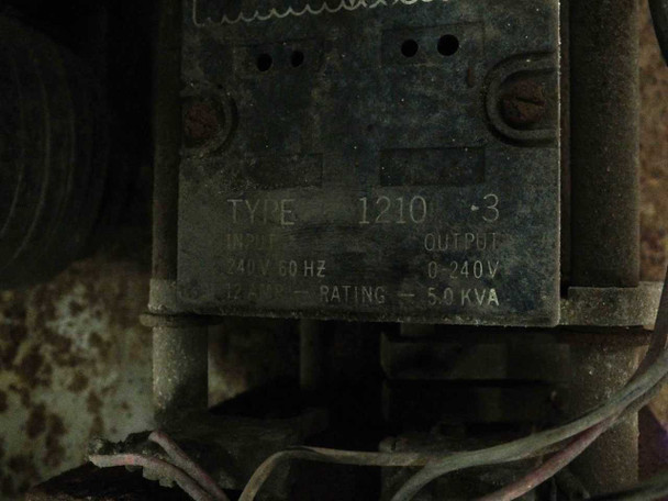 Internal component label reading TYPE 1210-3, INPUT 240V 60Hz 12A, OUTPUT 0-240V, RATING 5.0 KVA