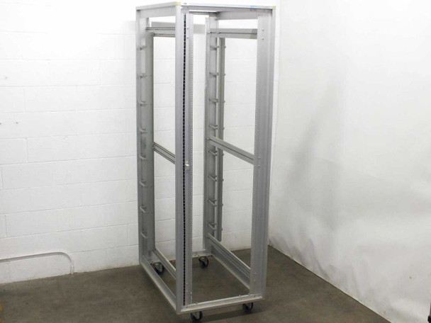 Chatsworth CPI Megaframe 45U open-frame aluminum rack cabinet with casters – full front view