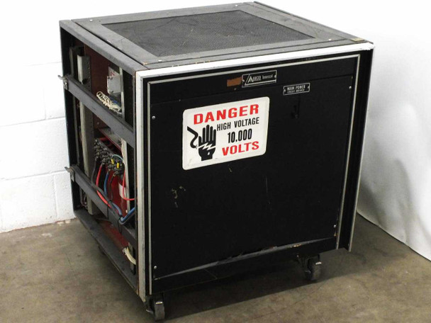 Airco Temescal CV-8 CV8-2587 high voltage power supply station front view with Danger High Voltage 10,000 Volts warning label and cabinet door