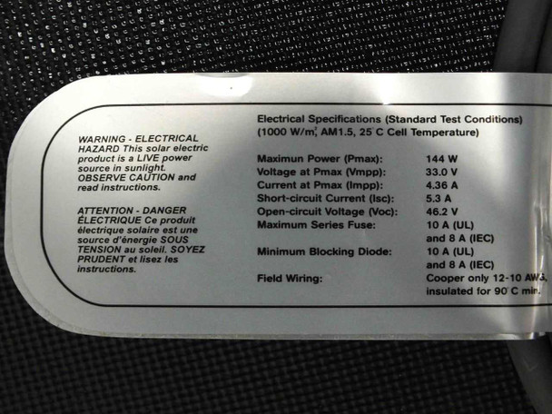 Uni-Solar PVL-144 electrical specifications label showing Pmax 144W, Vmpp 33.0V, Impp 4.36A, Isc 5.3A, Voc 46.2V, max series fuse 10A UL / 8A IEC, field wiring requirements