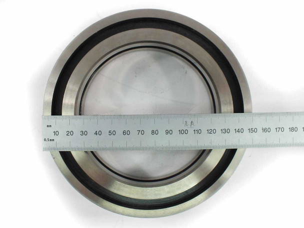 Tidland 133508 slitting ring – top-down flat lay with ruler showing approximately 150mm (5.906") outer diameter