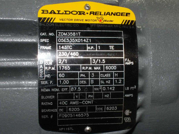 Baldor Reliance Vector Drive Motor nameplate: model ZDM3581T, 1HP, 230/460V, 3-phase, 60Hz, 1765 RPM, frame 143TC, TE enclosure