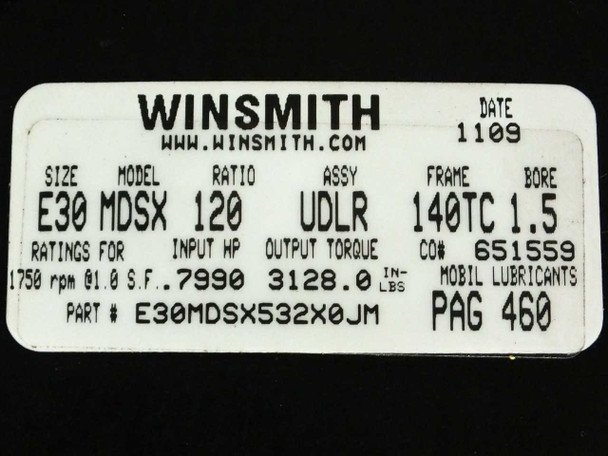 Winsmith MDSX E30 indexing drive nameplate: model E30MDSX532X0JM, ratio 120:1, 3128 in-lb torque, 1HP input, frame 140TC, bore 1.5 in