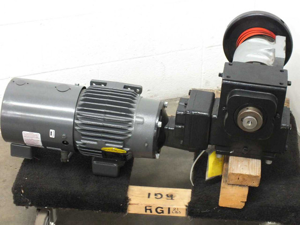 Winsmith E30 MDSX indexing drive and Baldor ZDM3581T vector motor — right side view showing motor cooling fins and output shaft