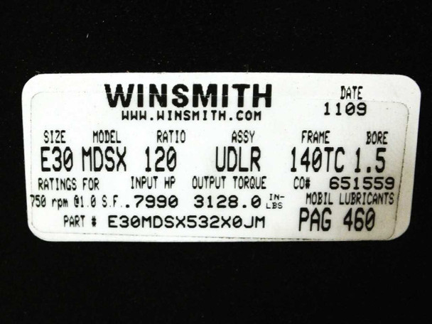 Winsmith E30 MDSX nameplate label showing size E30, model MDSX, ratio 120, assembly UDLR, frame 140TC, bore 1.5, part number E30MDSX532X0JM, date 1109