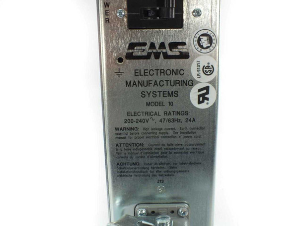 EMS Electronic Manufacturing Systems Model 10 electrical ratings label – 200-240V, 47/63Hz, 24A with multilingual safety warnings