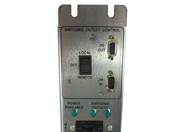 EMS Model 10 Power Sequencer – switched outlet control panel showing LOCAL/REMOTE toggle switch and DB9 J14 IN and J15 OUT ports with indicator LEDs
