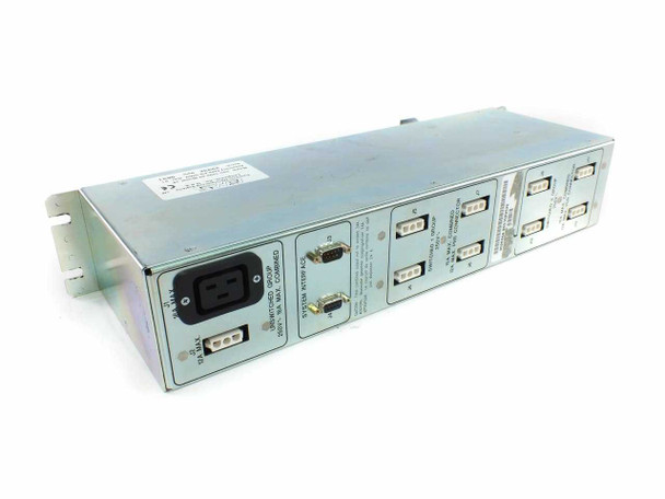 EMS 300-1290-03 Model 10 Power Sequencer – angled right-side view showing IEC AC input, DB9 system interface ports, and switched outlet connectors