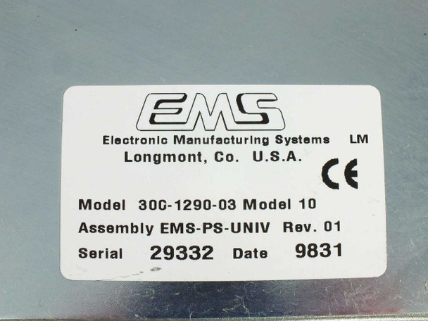 EMS 300-1290-03 Model 10 label – shows model number 300-1290-03, Assembly EMS-PS-UNIV Rev. 01, Serial 29332, Date 9831