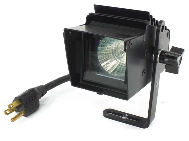 Cool-Lux Mini-Cool video camera spotlight with camera mount bracket and AC power cord — three-quarter front view
