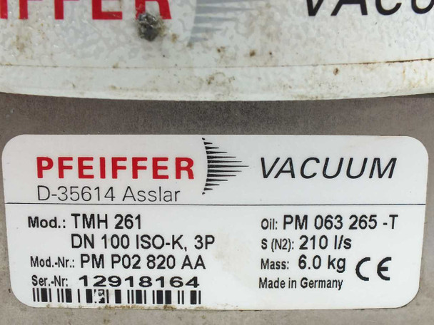 Pfeiffer TMH 261 pump label showing model TMH 261, part number PM P02 820 AA, DN 100 ISO-K 3P, 210 l/s N2, serial 12918164, Made in Germany