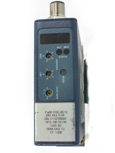 Aera PI-98 MFC side panel showing address and data rate rotary switches, NET/MOD/STATUS indicators, and spec label reading 100 SCCM N2 part 0190-34212