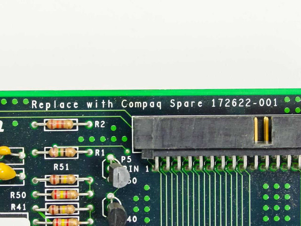 Compaq 172622-001 backplane board – close-up of edge silkscreen reading 'Replace with Compaq Spare 172622-001'
