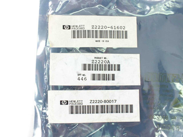 HP Hewlett-Packard labels showing part numbers Z2220-61602, Z2220A product number, Option 446, and Z2220-80017 — Made in USA