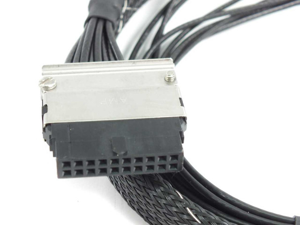 Close-up of multi-pin card-edge connector end of HP Z2220-61602 breakout cable harness with braided sleeving