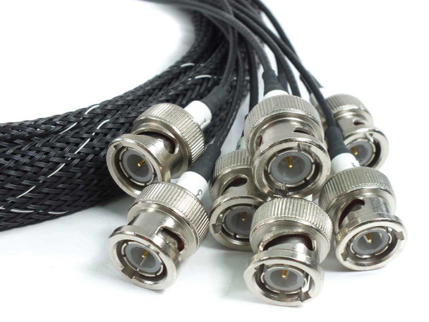 Eight BNC male connectors fanned out from the HP Z2220-61602 breakout cable harness, braided black sleeving