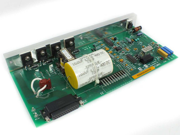 Varian 01-019314 HV Converter & Heater Supply board — angled top view showing three large yellow Sprague capacitors, power transformer, DB25 connector, and green PCB