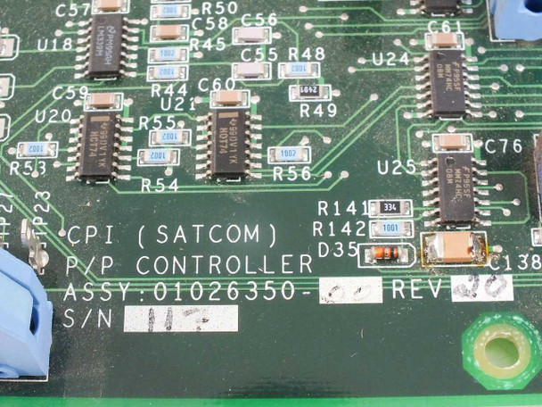 CPI Satcom P/P Controller PCB close-up of silkscreen label reading CPI (SATCOM) P/P CONTROLLER ASSY 01026350 with REV marking and serial number