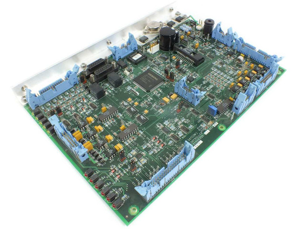 CPI Satcom P/P Controller Circuit Board 01026350 — top angled view showing full PCB with blue terminal connectors and main FPGA/processor IC