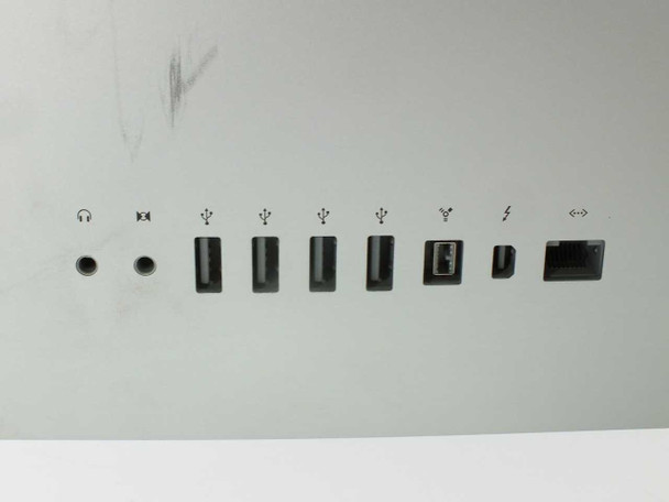 Apple iMac MC309LL/A rear port panel showing headphone, mic, 4x USB 2.0, FireWire 800, Thunderbolt, and Gigabit Ethernet ports