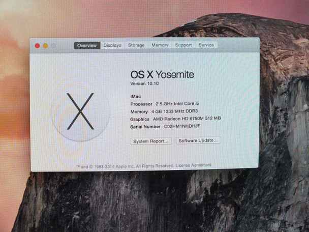 Apple iMac MC309LL/A About This Mac screen showing OS X 10.10 Yosemite, Core i5 2.5GHz, 4GB 1333MHz DDR3, AMD Radeon HD 6750M 512MB