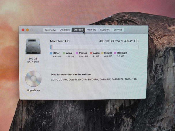 Apple iMac MC309LL/A System Information – Storage tab showing 500GB SATA hard drive and SuperDrive optical