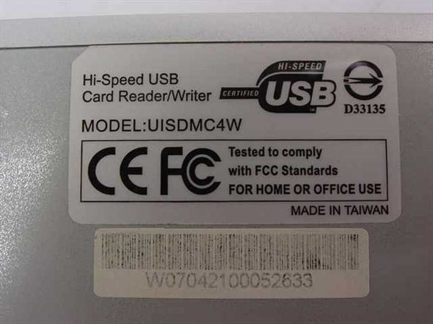 Carry UISDMC4W label showing Hi-Speed USB Card Reader/Writer model number, CE FCC markings, and Made in Taiwan