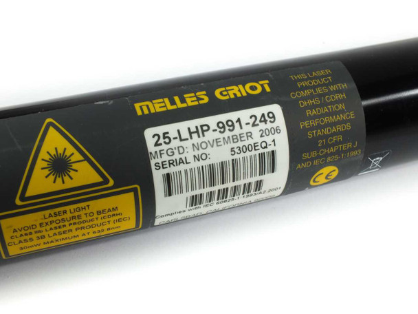 Melles Griot 25-LHP-991-249 laser tube label showing model number, manufacture date November 2006, serial number, and compliance markings