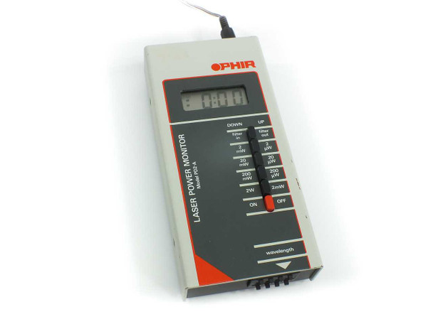 Ophir Optronics PD2-A Laser Power Monitor – front panel view showing LCD display, power range selector buttons (2mW to 2W), wavelength selector, and ON/OFF switch with detector cable attached