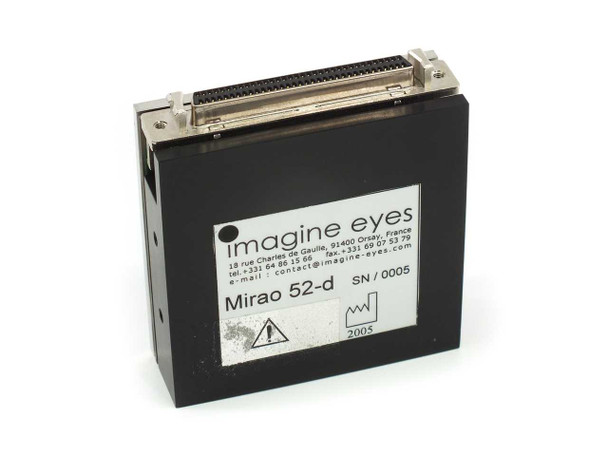 Imagine Eyes Mirao 52-d optical unit side/rear view with Imagine Eyes label showing model Mirao 52-d, SN/0005, and 2005 manufacture date