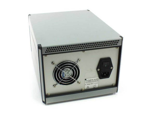 Imagine Eyes AI-Mirao 52-d electronics unit rear view showing cooling fan, IEC AC power inlet, and Imagine Eyes label with model AI-Mirao 52-d SN/0005