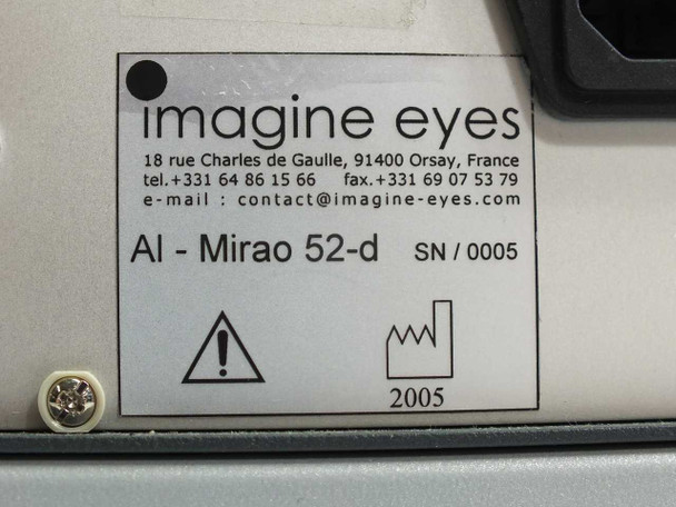Close-up of Imagine Eyes AI-Mirao 52-d rear label showing brand, address (Orsay, France), model AI-Mirao 52-d, SN/0005, and 2005 manufacture date