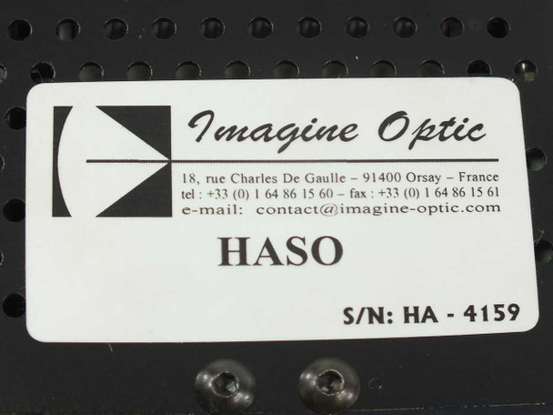 Imagine Optic HASO label closeup — brand logo, HASO model name, serial number HA-4159, French contact information