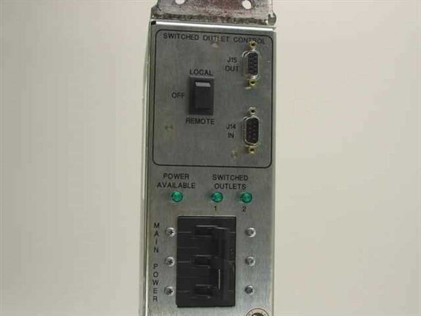 EMS Model 10 front panel close-up showing Switched Outlet Control section, Local/Off/Remote toggle switch, Power Available indicator, Switched Outlets 1 and 2 indicators, Main Power switch, and DB9 J15 IN and OUT connectors