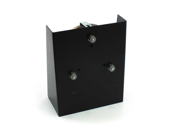 Edmund Optics parabolic mirror mount — rear view showing black sheet-metal housing and three adjustment screws