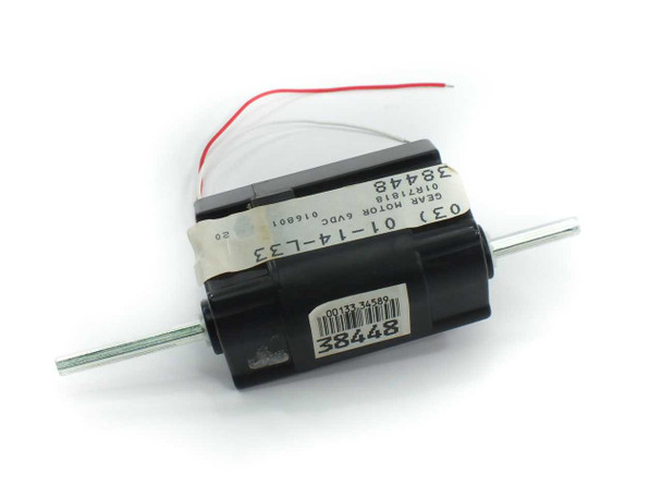 6V DC Gear Motor 037 01-14-L33 – angled top view showing label with part number and dual output shaft with red and white wire leads