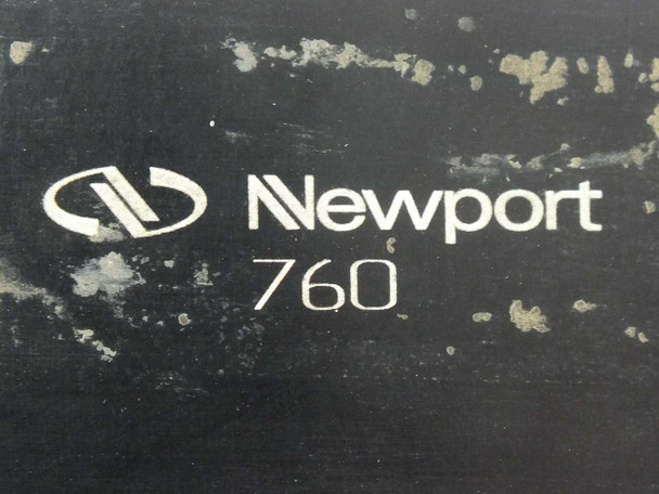 Close-up of Newport 760 model label on black anodized base showing Newport logo and model number