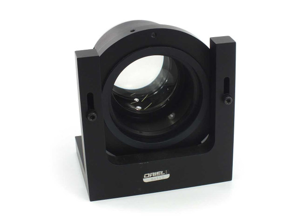 Oriel Instruments 66112 bench mount aspheric condensing lens assembly — front view showing large-aperture lens in anodized black aluminum housing