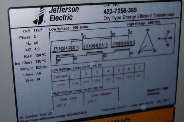 Jefferson Electric 423-7256-369 dry type transformer nameplate — 112.5 kVA, 3-phase, 60Hz, 208V Delta to 380V/220V step-up transformer included with chamber