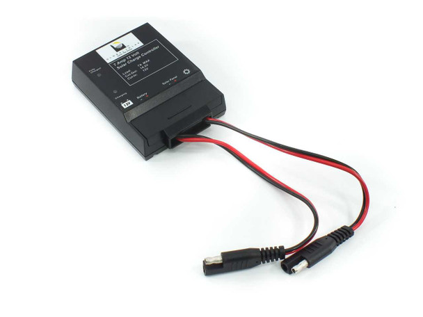 Global Solar 60012 solar charge controller removed from packaging showing DC cable leads with battery and solar panel connectors