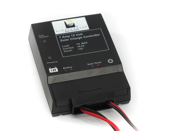 Global Solar 60012 front panel showing 7A 12V label, load cut-out 14.2V, cut-in 13V specs, charging LED, and battery/solar panel terminals