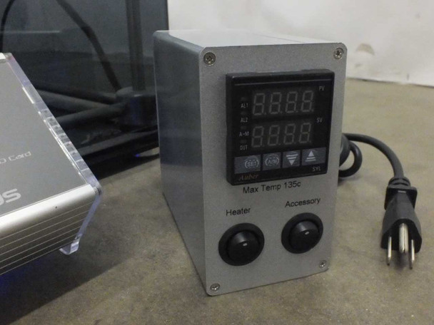 BFB 3000 Plus temperature controller unit close-up showing dual LED displays, Max Temp 135C label, Heater and Accessory buttons, and power cable