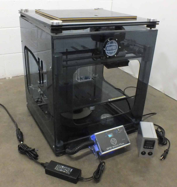3D Systems BFB 3000 Plus 3D printer full front view with BFB controller unit, power supply, and temperature controller laid out in front