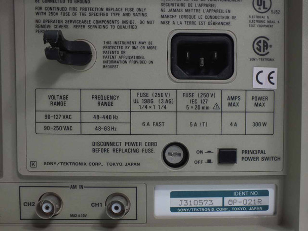 Sony Tektronix AFG2020 rear panel rating plate detail showing voltage ranges, frequency ranges, fuse ratings, max amps and power, and Sony/Tektronix Tokyo Japan manufacture label