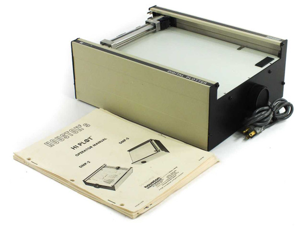 Houston Instrument HiPlot DMP-2 Digital Pen Plotter – front three-quarter view with operator manual in foreground