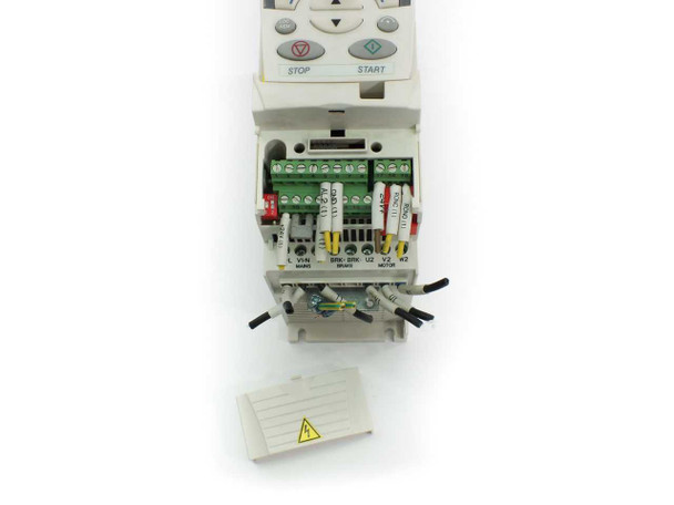 ABB ACS355-03E-07A3-4 AC drive with bottom cover open showing power and motor terminal wiring connections and removable cover plate