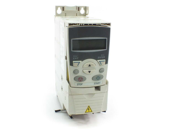 ABB ACS355-03E-07A3-4 variable frequency drive front view with Basic Control Panel showing numeric display and START/STOP buttons